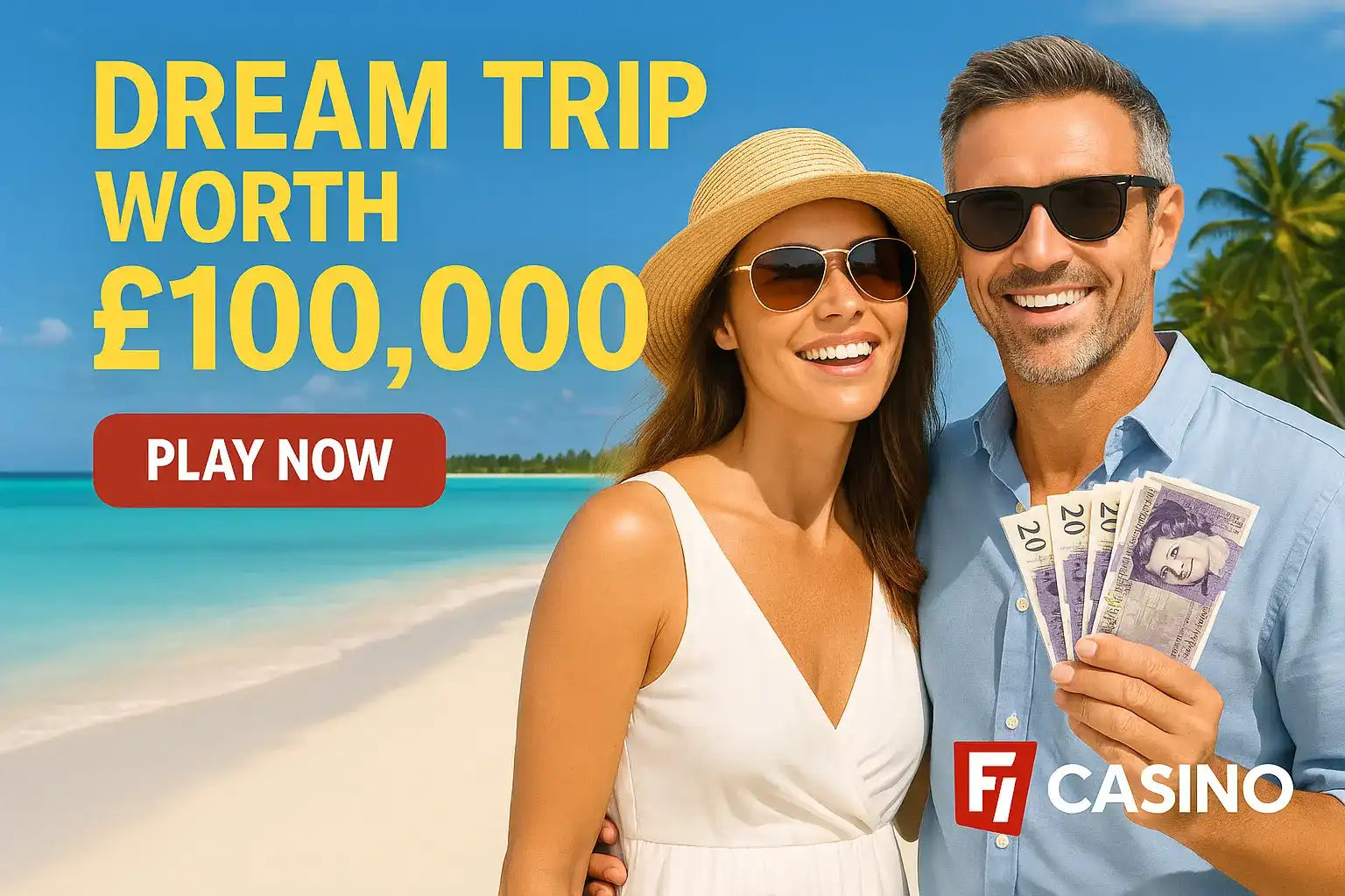 Happy couple on tropical beach holding British pound notes with Dream Trip Worth £100,000 casino promotion and Play Now button