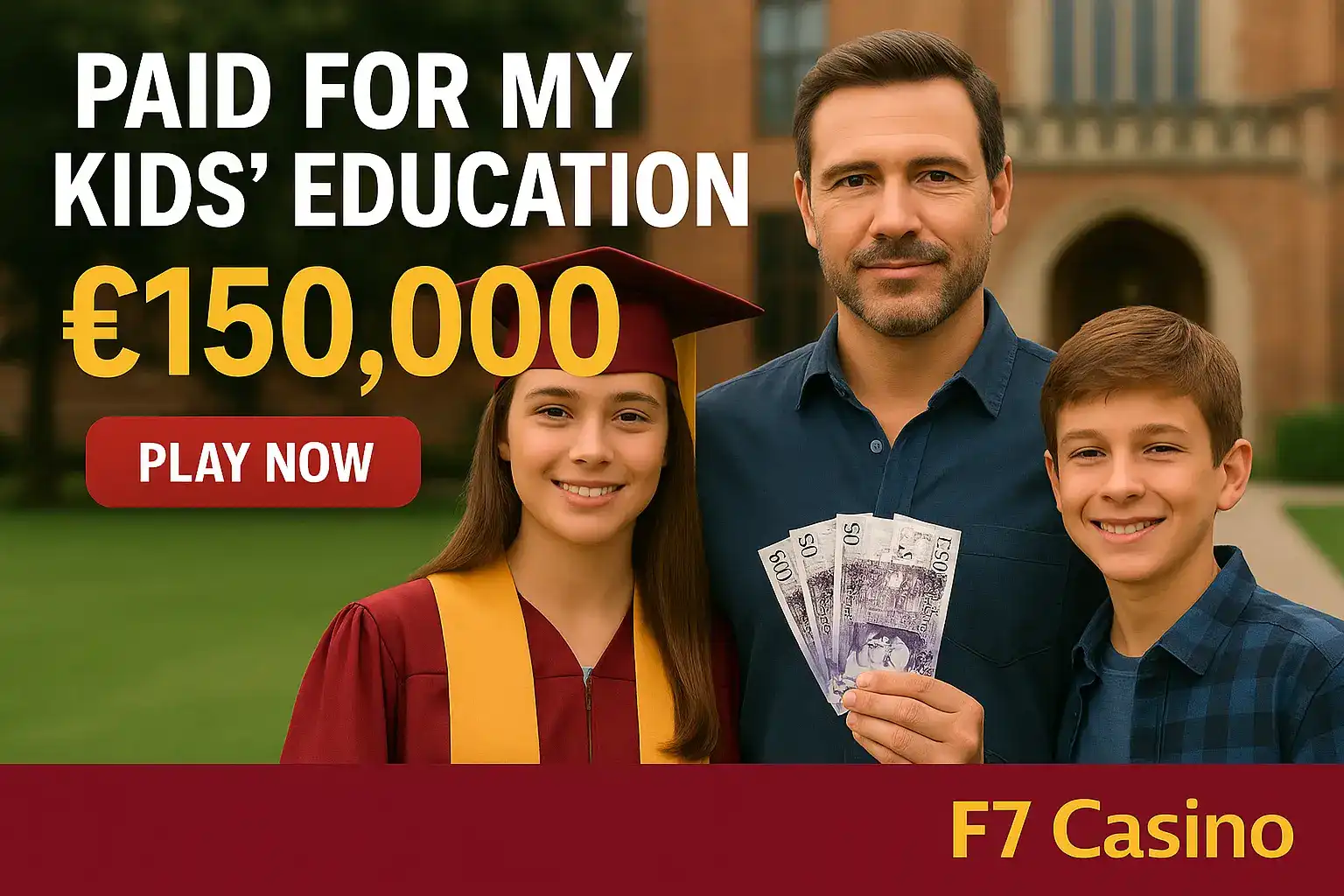 Happy father with two children and graduation cap holding money with Paid For My Kids' Education €150,000 F7 Casino promotion