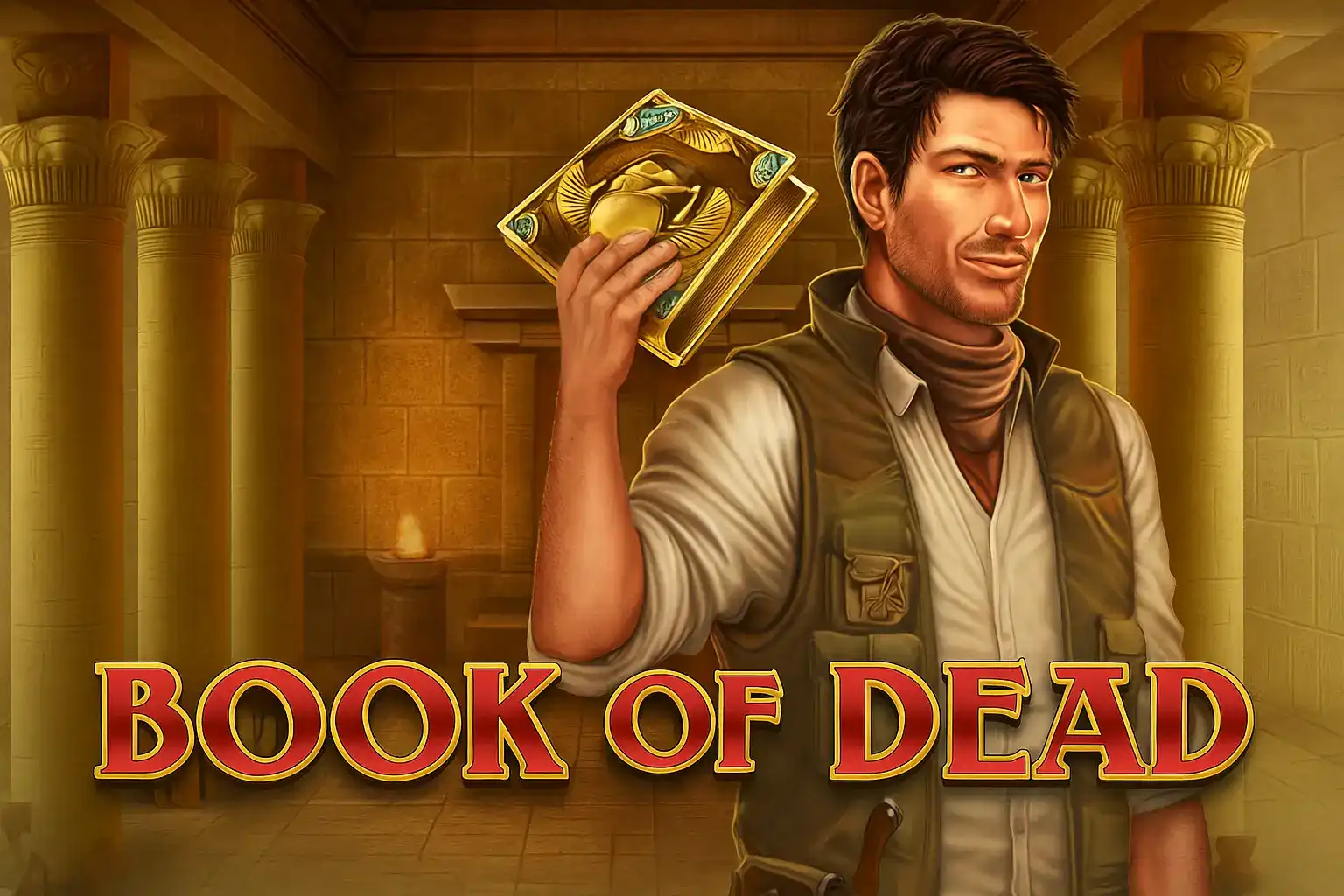 Book of Dead slot game featuring adventurer character holding golden book in ancient Egyptian temple