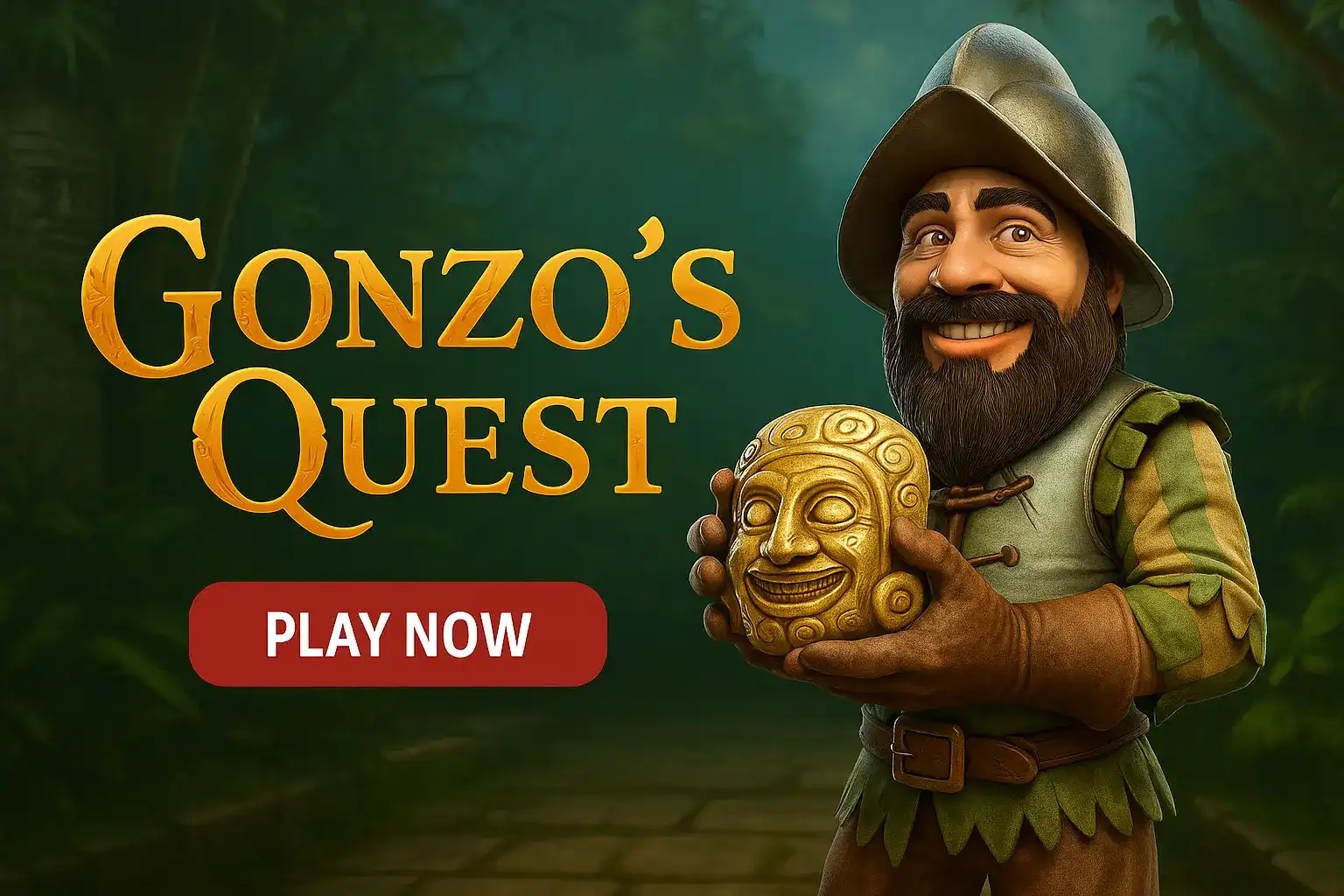 Gonzo's Quest slot game featuring Spanish conquistador character holding golden Aztec mask with Play Now button