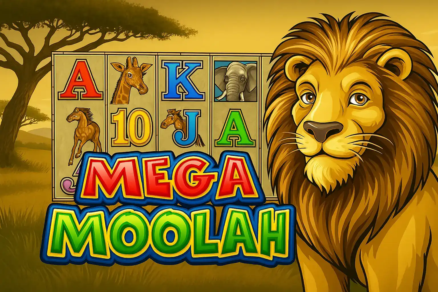 Mega Moolah slot game with majestic lion and African safari themed slot reels featuring animals