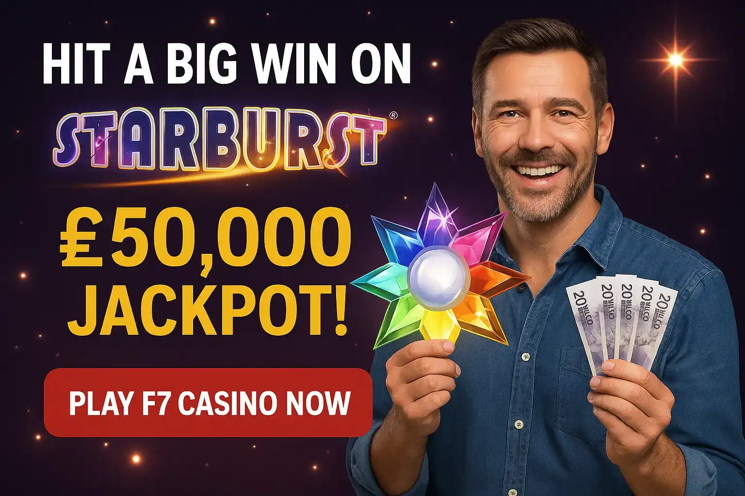 Happy man holding Starburst gem and money celebrating £50,000 jackpot win with Play F7 Casino Now button