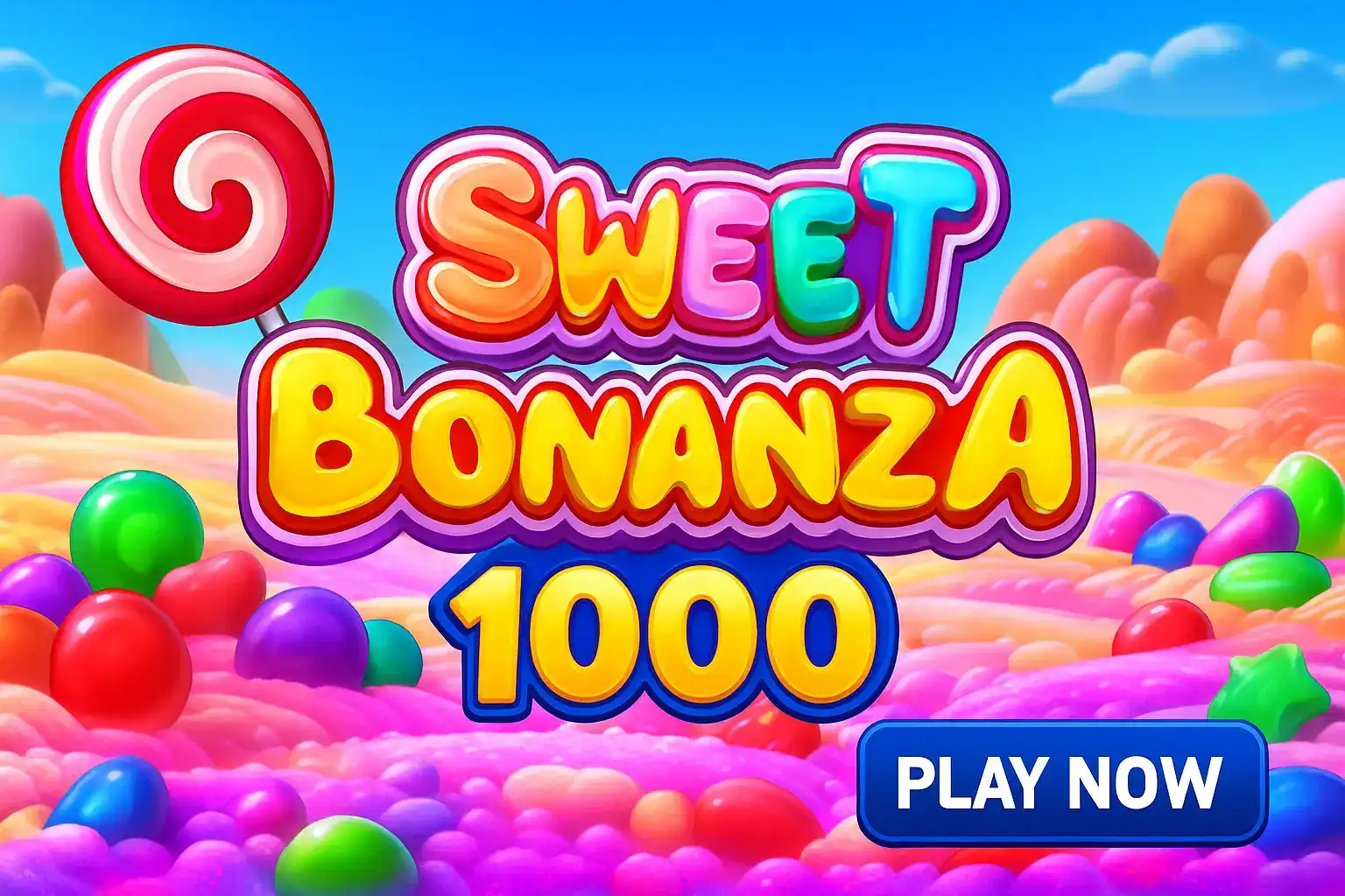 Colorful Sweet Bonanza 1000 slot game logo surrounded by vibrant candies and sweets with Play Now button