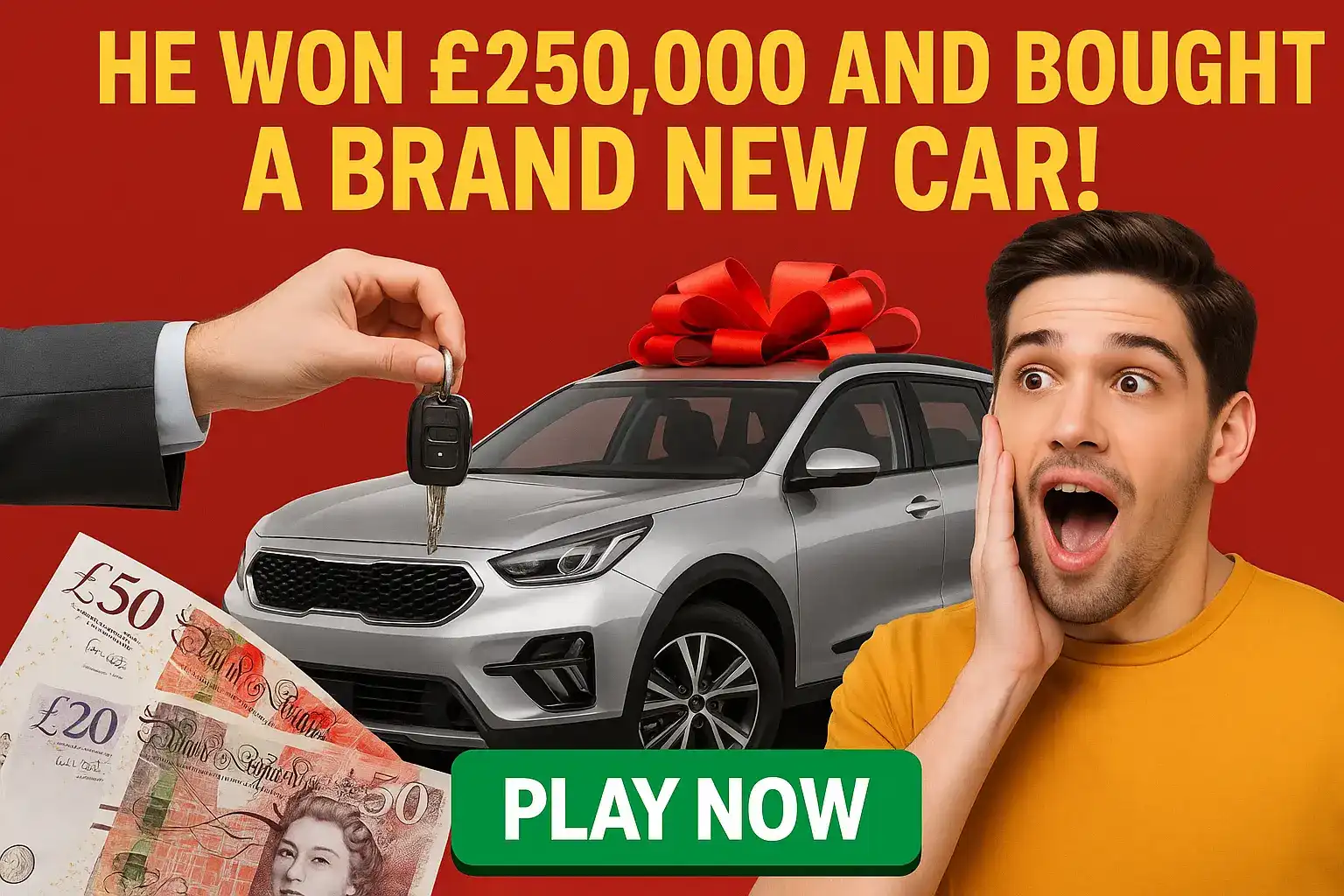 Shocked man celebrating £250,000 casino win and brand new car with hand offering keys and Play Now button