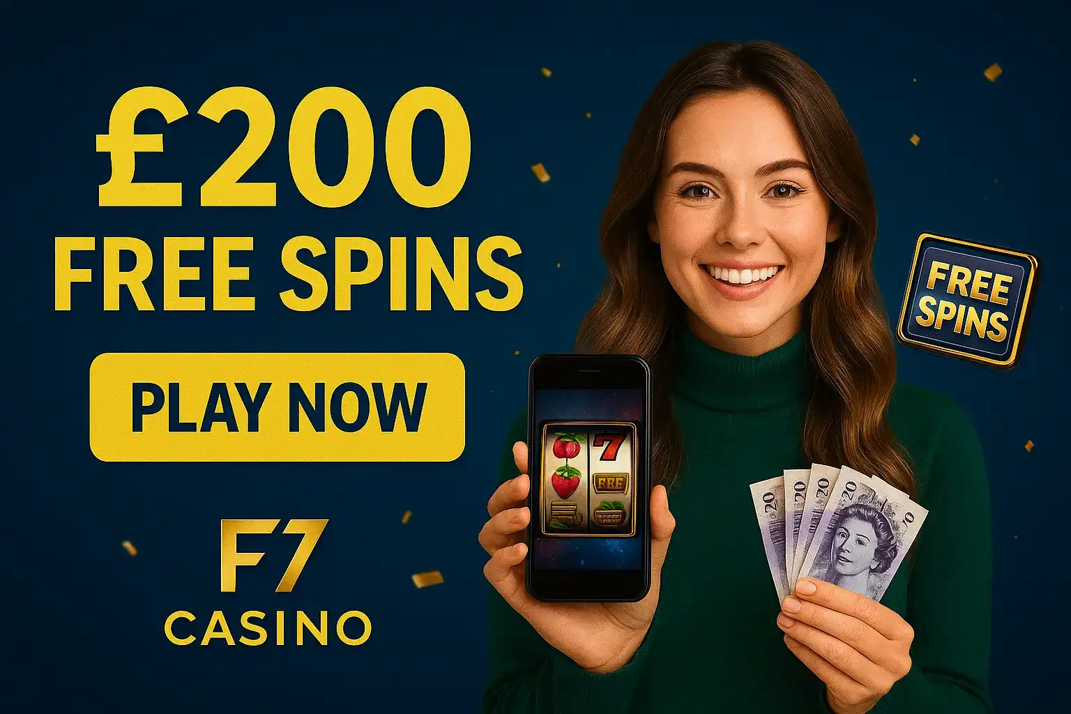 Smiling woman holding smartphone with slot game and British pound notes promoting £200 Free Spins at F7 Casino