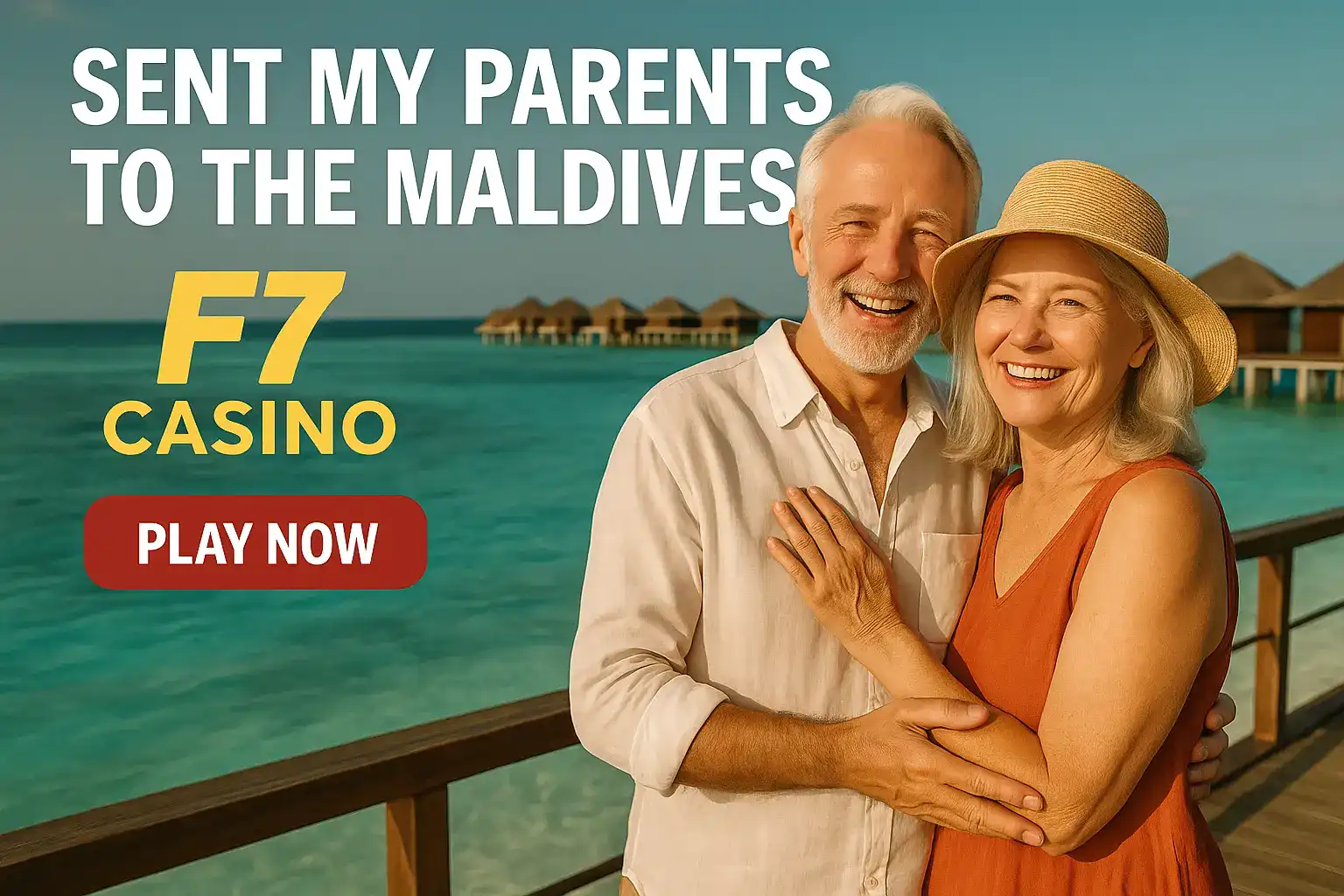 Happy senior couple embracing on Maldives vacation with overwater bungalows and F7 Casino Sent My Parents to the Maldives promotion