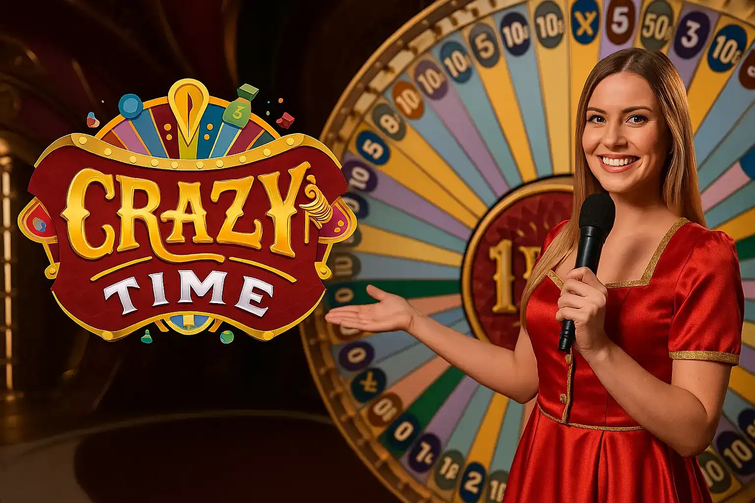 Professional female presenter in red dress with microphone hosting Crazy Time live casino game show with colorful wheel