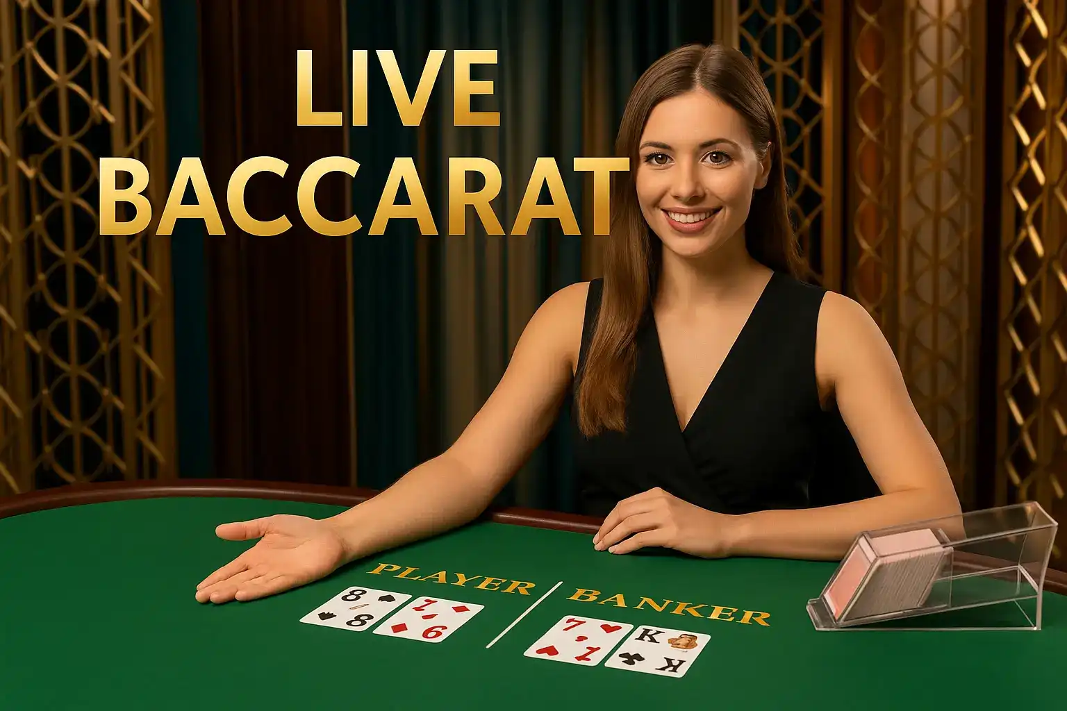 Professional female dealer in black dress at live baccarat table with cards and elegant casino studio background