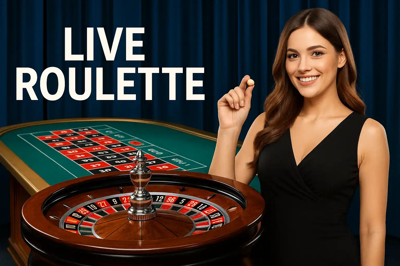 Smiling female dealer in black dress presenting live roulette game with spinning wheel and betting table