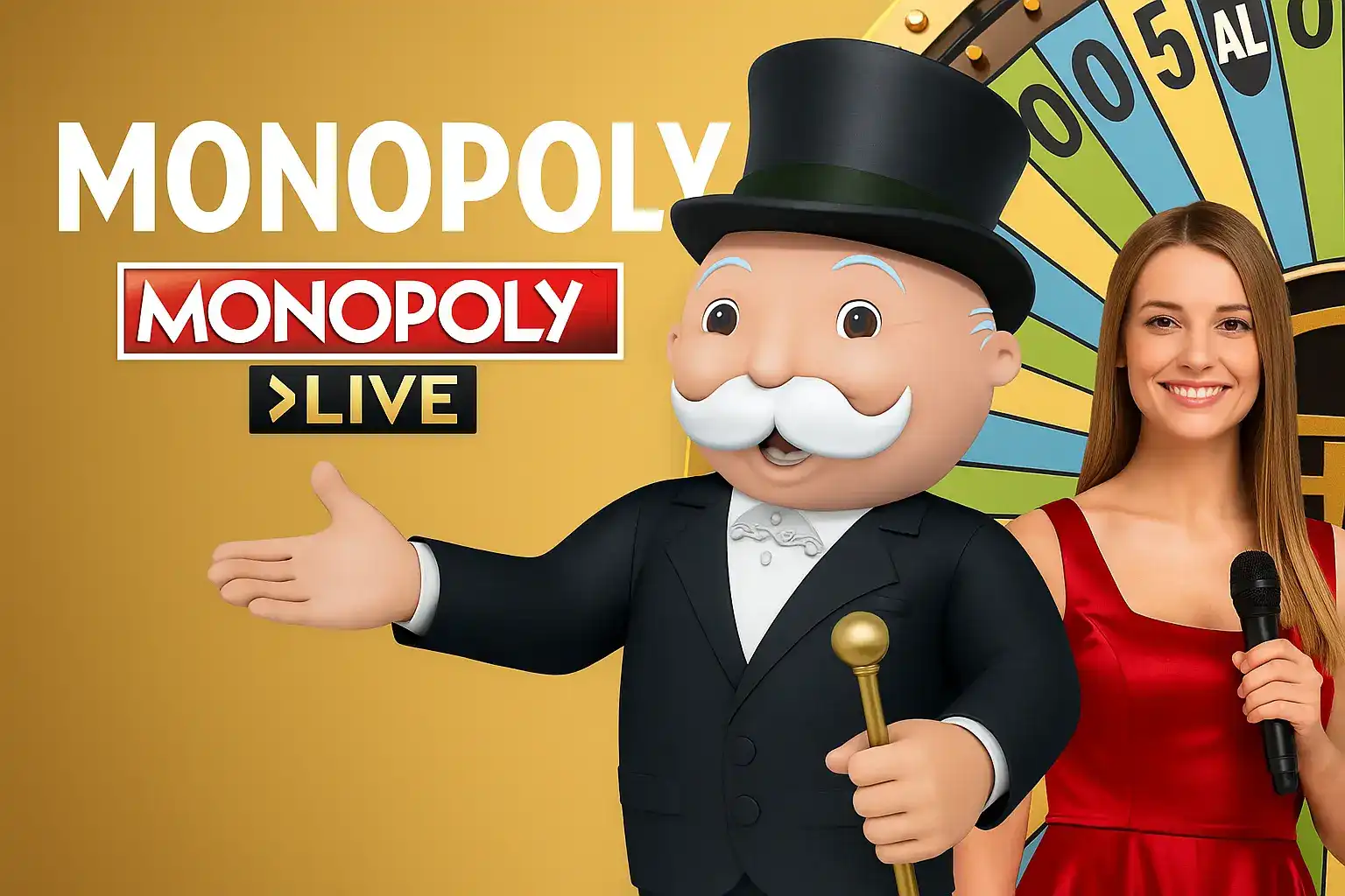 Monopoly Live casino game featuring Mr. Monopoly character with top hat and female presenter with colorful money wheel