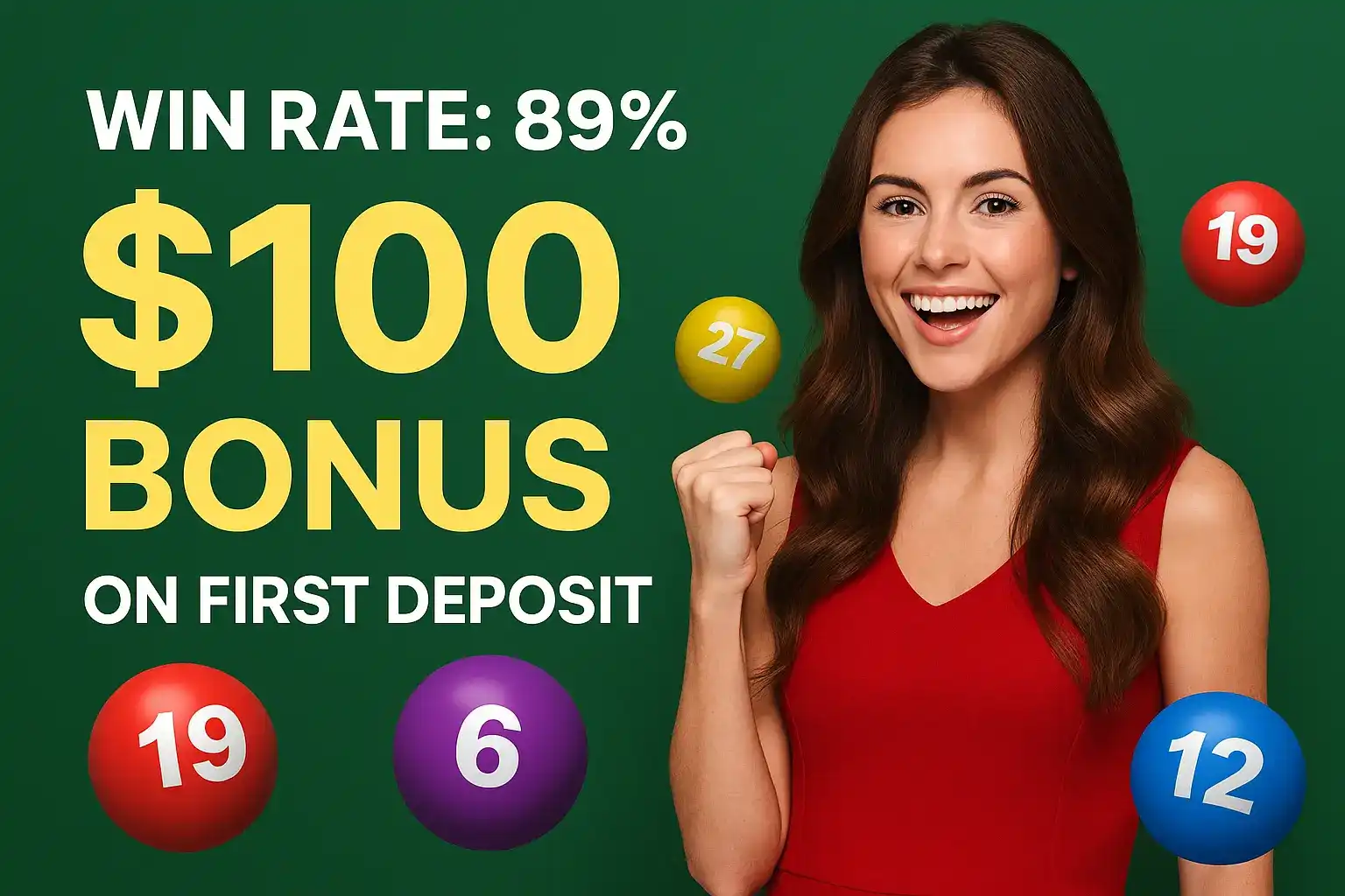 Happy woman in red dress celebrating $100 bonus on first deposit with 89% win rate and colorful lottery balls