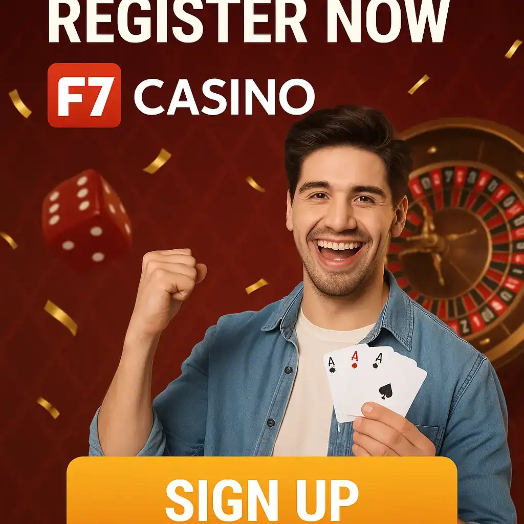 Excited man in denim shirt celebrating with fist pump and holding aces for F7 Casino Register Now with roulette wheel background and Sign Up button