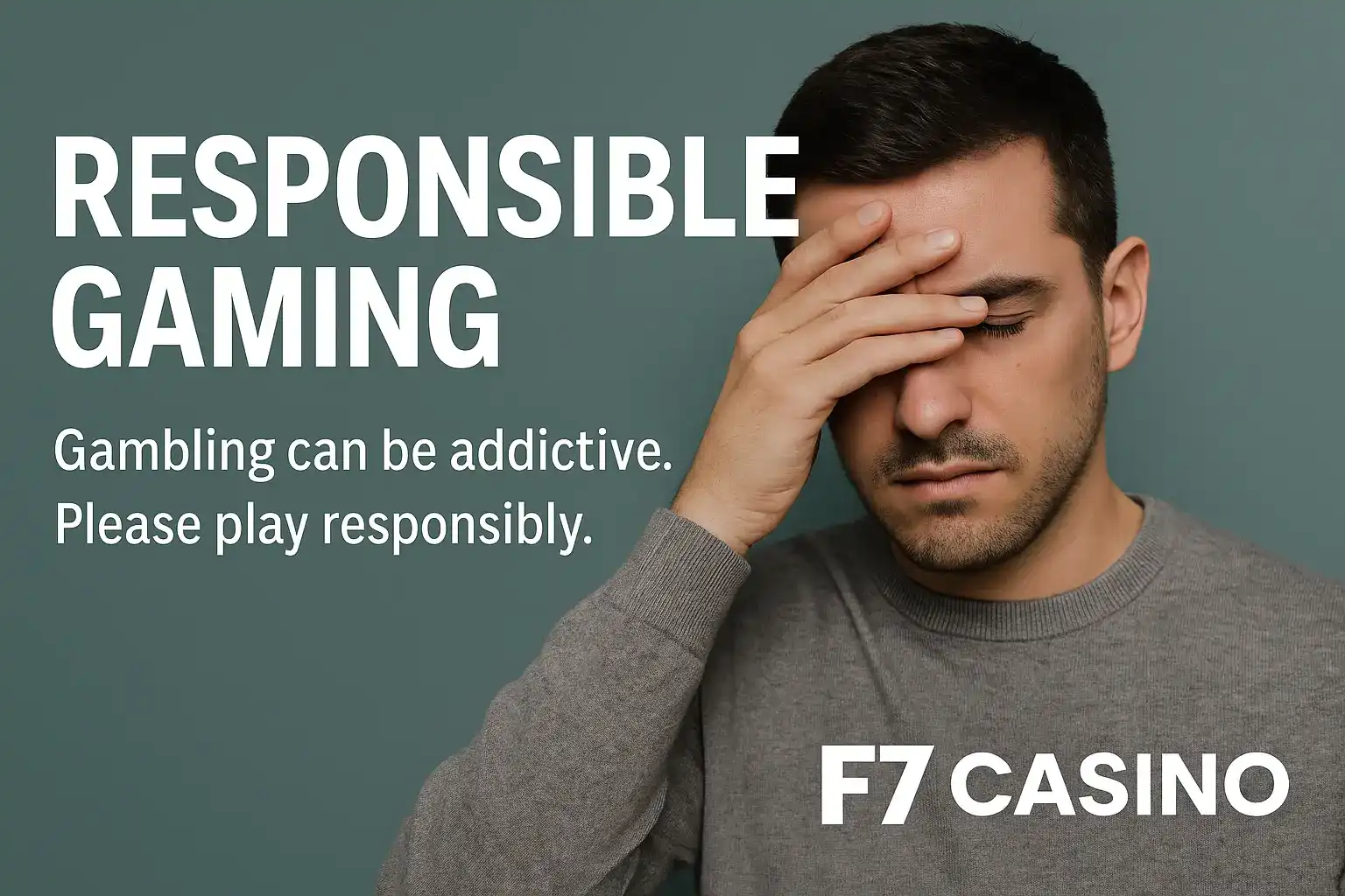 Concerned man holding head in hand with Responsible Gaming message - Gambling can be addictive, Please play responsibly - F7 Casino