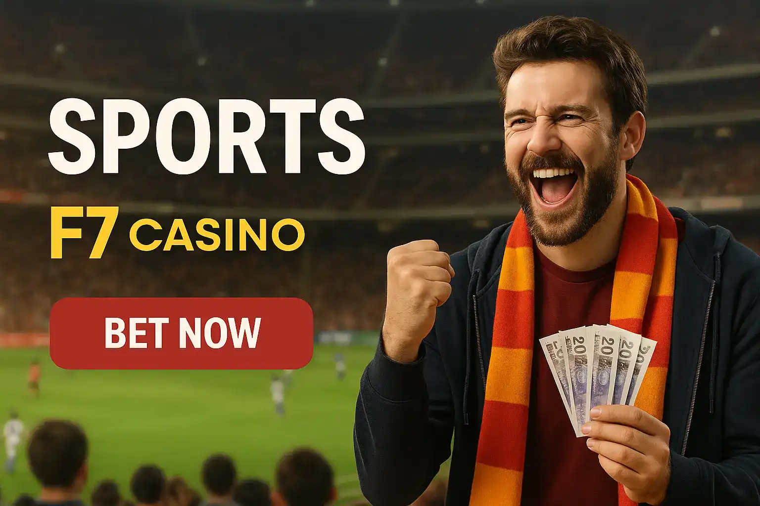 Enthusiastic sports fan with team scarf celebrating in stadium holding money for F7 Casino Sports with Bet Now button