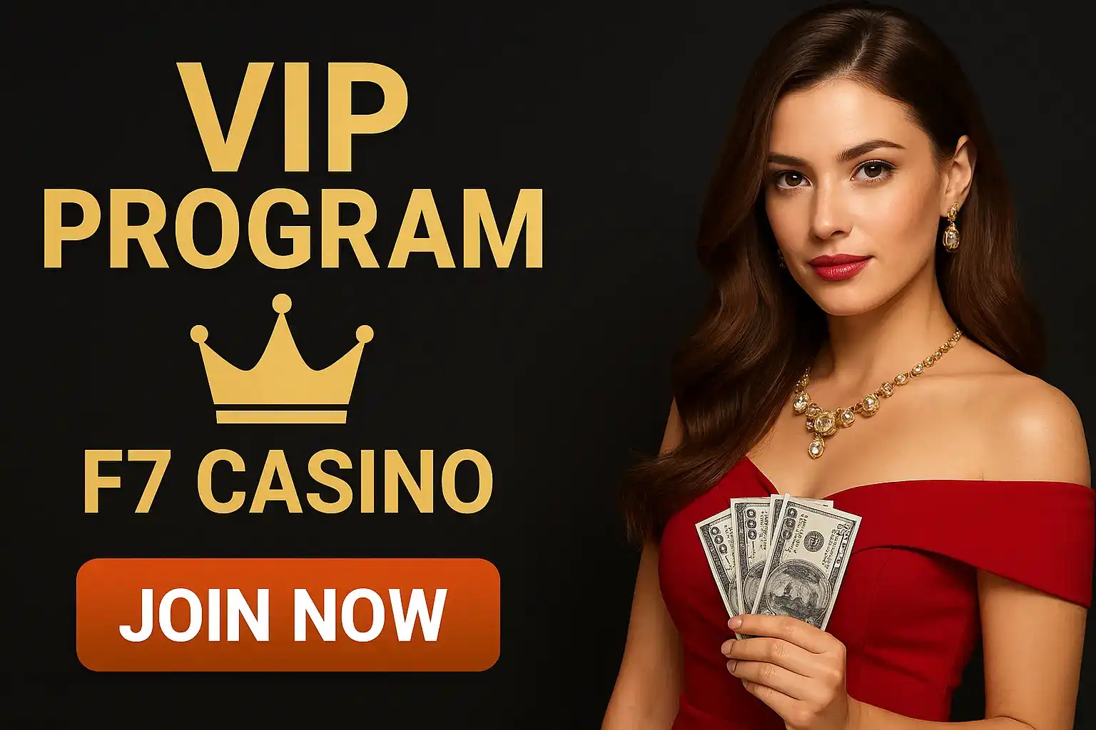 Elegant woman in red dress with golden jewelry holding US dollar bills promoting F7 Casino VIP Program with crown logo and Join Now button